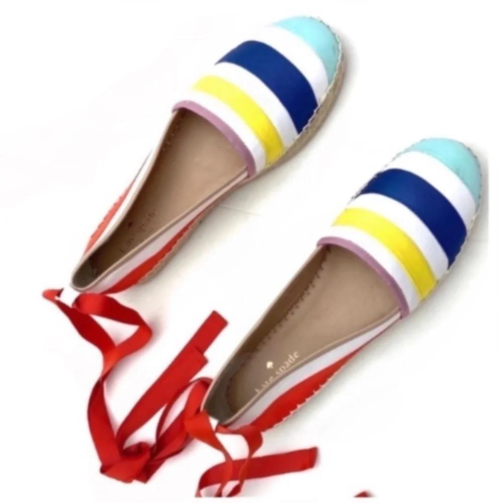 Kate Spade Leather Rainbow Striped Warped Ankle Espadrilles Platform Size 9